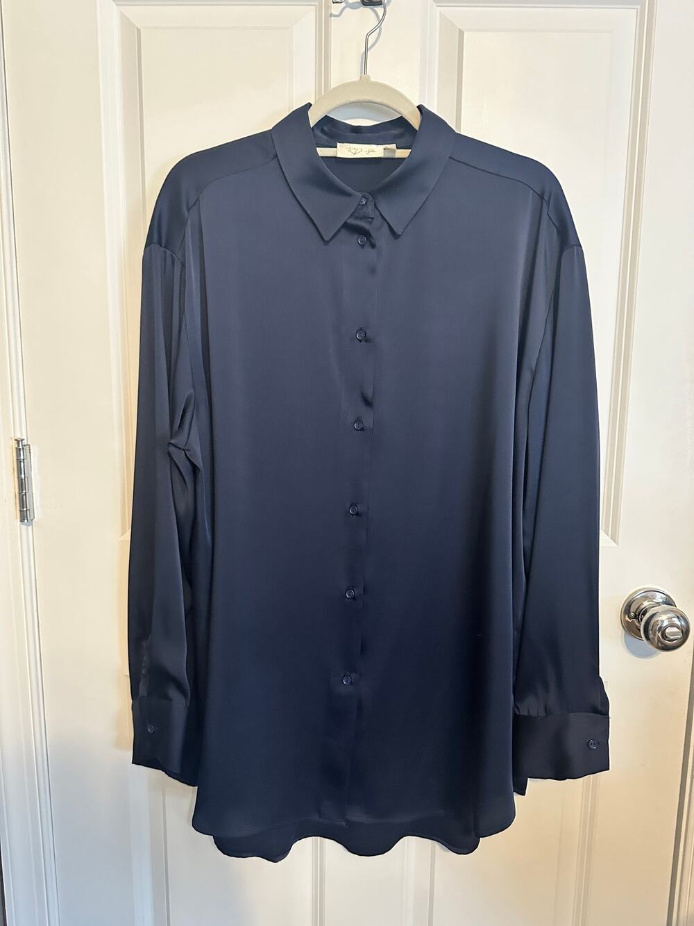 RD Style Navy Blue Silky Satin Shirt Dress Large